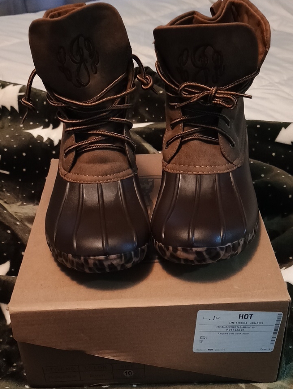 Marley Lilly Brown Duck-Style Ankle Boots with Leopard Trim. Initials LJR